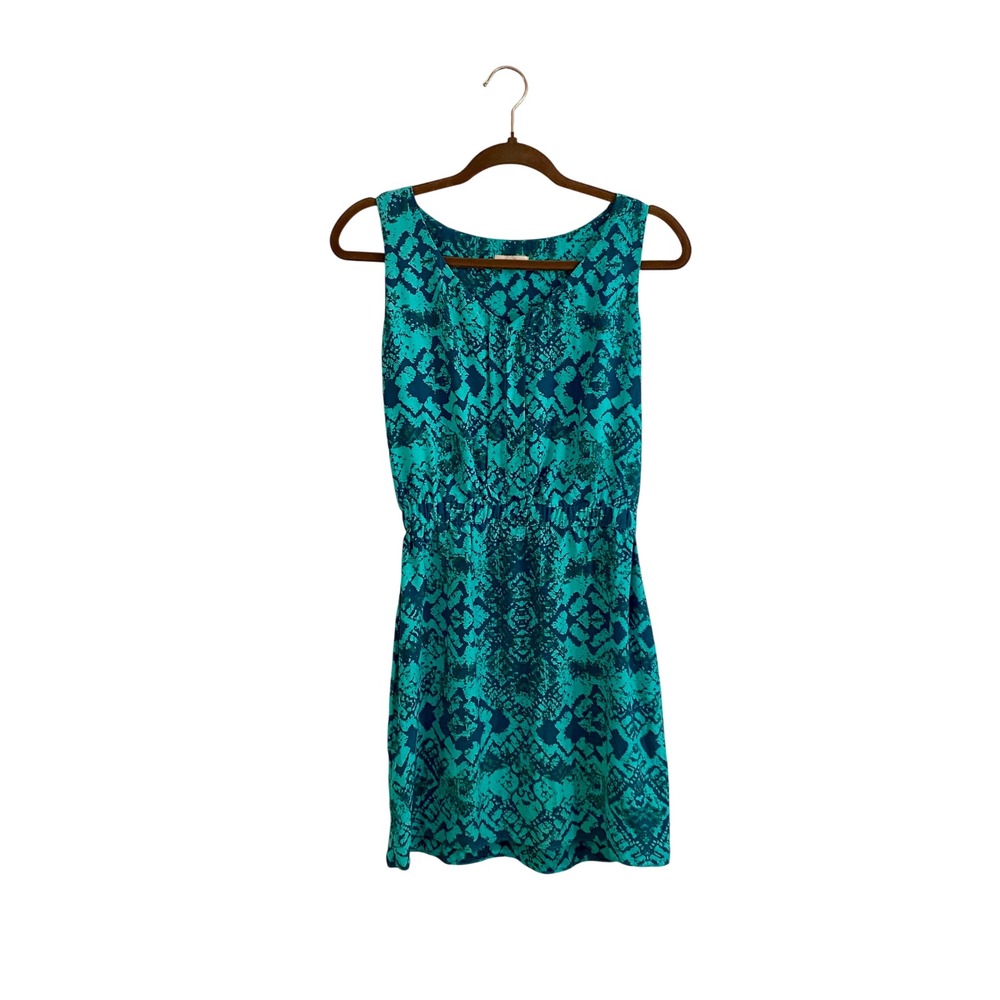 Nell‎ Four 100% Silk Abstract Python Snake Print Mini Dress V-Neck Teal Green 4